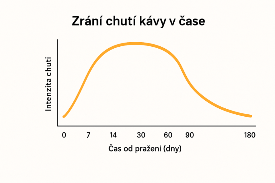 Graf zrání chutí čerstvé kávy v čase – ideální doba pro přípravu po pražení.